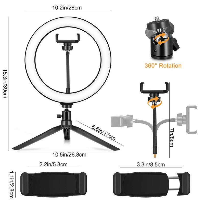 LED Ring Light 10" with Tripod Stand & Phone Holder - Dimmable Desk Makeup Ring Light for YouTube Video Live Stream Makeup Photography, USB Powered with 3 Light Modes & 10 Brightnes