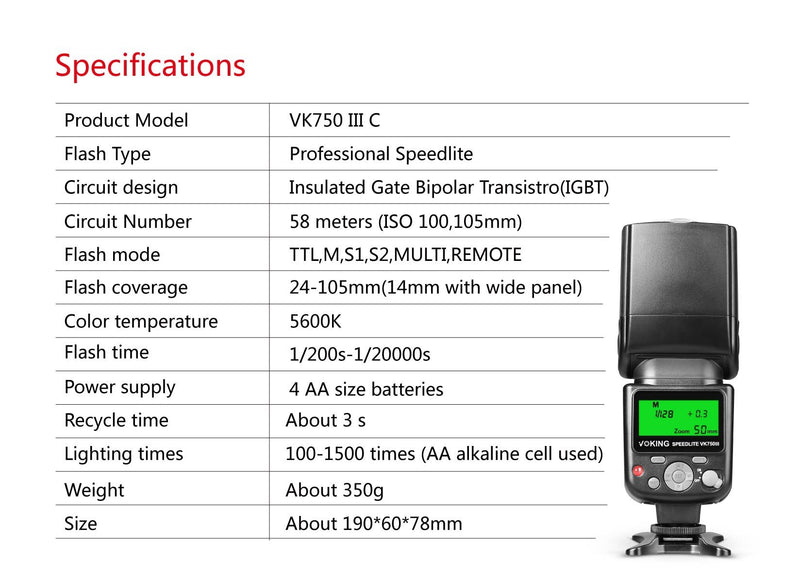 Voking VK750III Remote TTL Speedlite Slave Mode Flash with LCD Display for Canon DSLR Standard Hot Shoe Cameras EOS Rebel 5DS 5DSR 5S Mark IV 5D Mark III 6D 6D Mark II 7D 70D 77D 80D