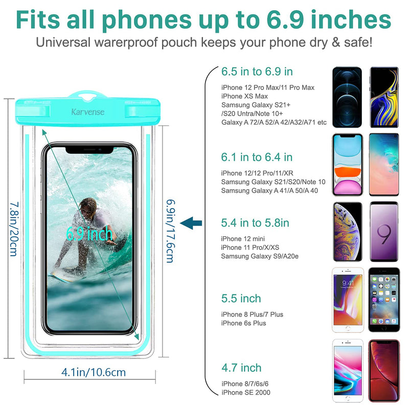 Waterproof Cell Phone Pouch Case, Karvense 2 Pack Universal Luminous Waterproof Phone Bag/Holder for iPhone, Samsung Galaxy, LG, Moto, Dry Bag for Beach, Shower, Pool, Kayaking, Snorkeling, Vacation Cyan, Pink