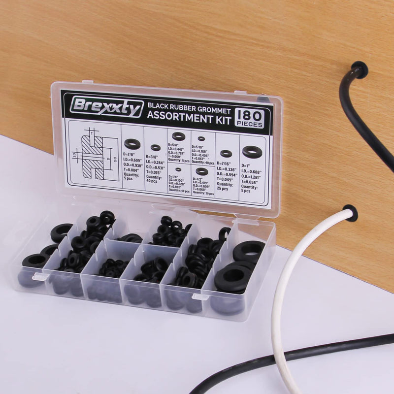 [AUSTRALIA] - Brexxty Pack of 180 Rubber Grommet Kit in 8 Sizes – Rubber Wire Grommets with Compact Assortment Box for Wiring, Plumbing, Hardware Repair, and Automotive 