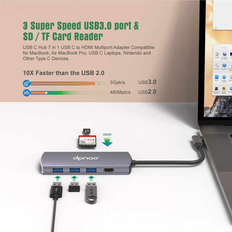USB C Hub Multiport Adapter, Dpnao 7 in 1 Portable Space Aluminum Dongle with 4K HDMI Output, 100W PD, 3 USB 3.0 Ports, SD/Micro SD Card Reader Compatible for MacBook Pro, XPS More Type C Devices Grey