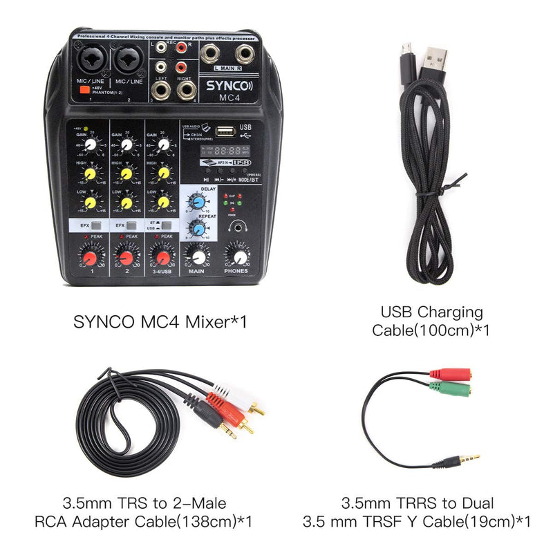 [AUSTRALIA] - SYNCO MC4 Audio-Mixer-Bluetooth-USB-Record 4-Channel Mono Stereo Input Reverb Effects, 48V Phantom Power, Audio Interface Board for Stage Tuning, Home KTV, Studio Music, Sound Recording etc 