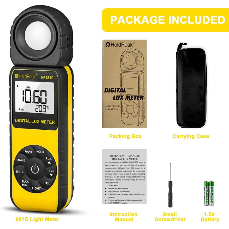[AUSTRALIA] - Light Meter HOLDPEAK HP-881D Digital Lux Meter 0.01-400,000 Lux /1-40,000 FC Measuring Ranges and 270° Rotatable Detector for LED Lights and Plants Lumen Meter Y-HP-881D(0.01-400,000 Lux /1-40,000 FC) 