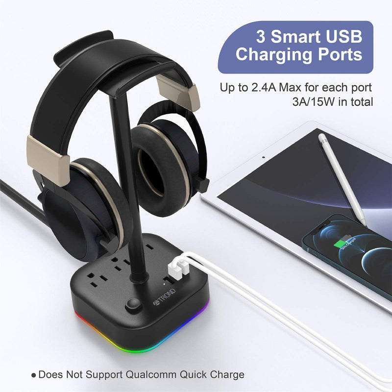 Gaming Headset Stand with 3 USB Ports, TROND 3-Outlet Power Strip, 5ft Extension Cord Charging Station with Headphone Holder, Touchable RGB LED Lighting, for Gamer DJ Desk Table, Black