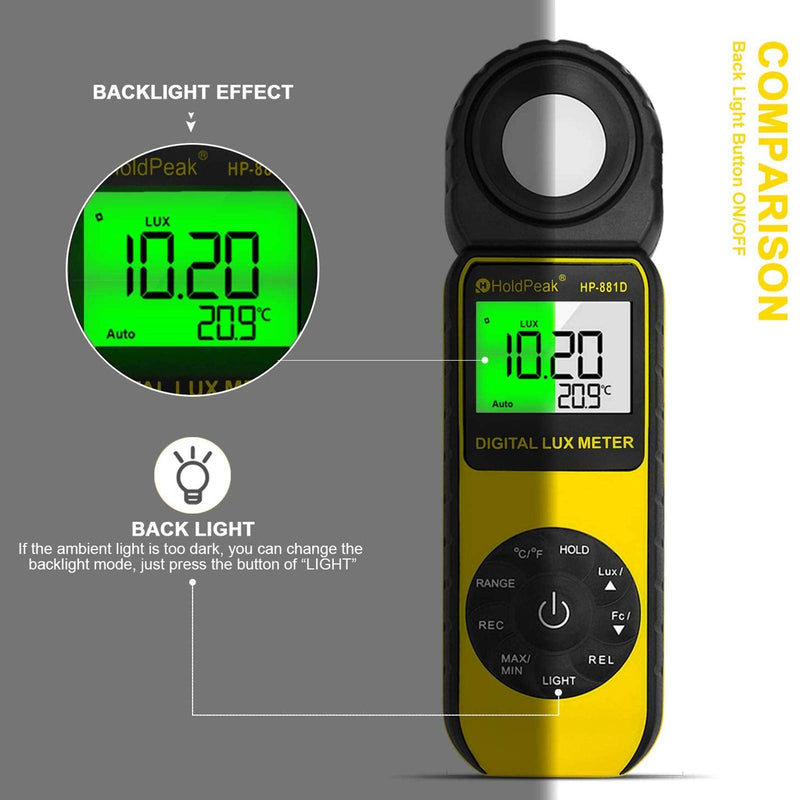 [AUSTRALIA] - Light Meter HOLDPEAK HP-881D Digital Lux Meter 0.01-400,000 Lux /1-40,000 FC Measuring Ranges and 270° Rotatable Detector for LED Lights and Plants Lumen Meter Y-HP-881D(0.01-400,000 Lux /1-40,000 FC) 
