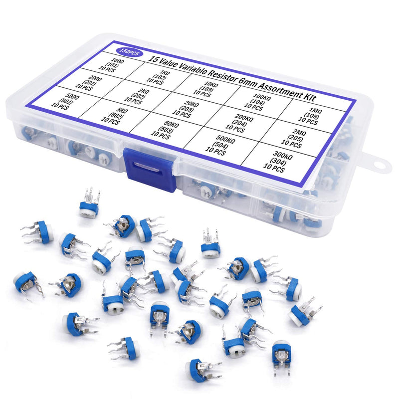 TWTADE 150Pcs 6mm Variable Resistor Potentiometer Assortment Kit 15 Values 100 ohm-2M ohm in Plastic Box DWJ-150P
