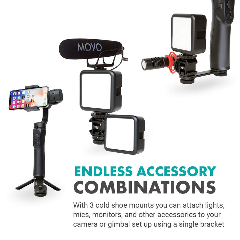 Movo VB05 Triple Shoe Extension Video Bracket - Attach Lights, Microphones, Monitors, Other Accessories to Your Gimbal Stabilizer, Smartphone Video Rig, DSLR Camera for Vlogging, Filming, Photography