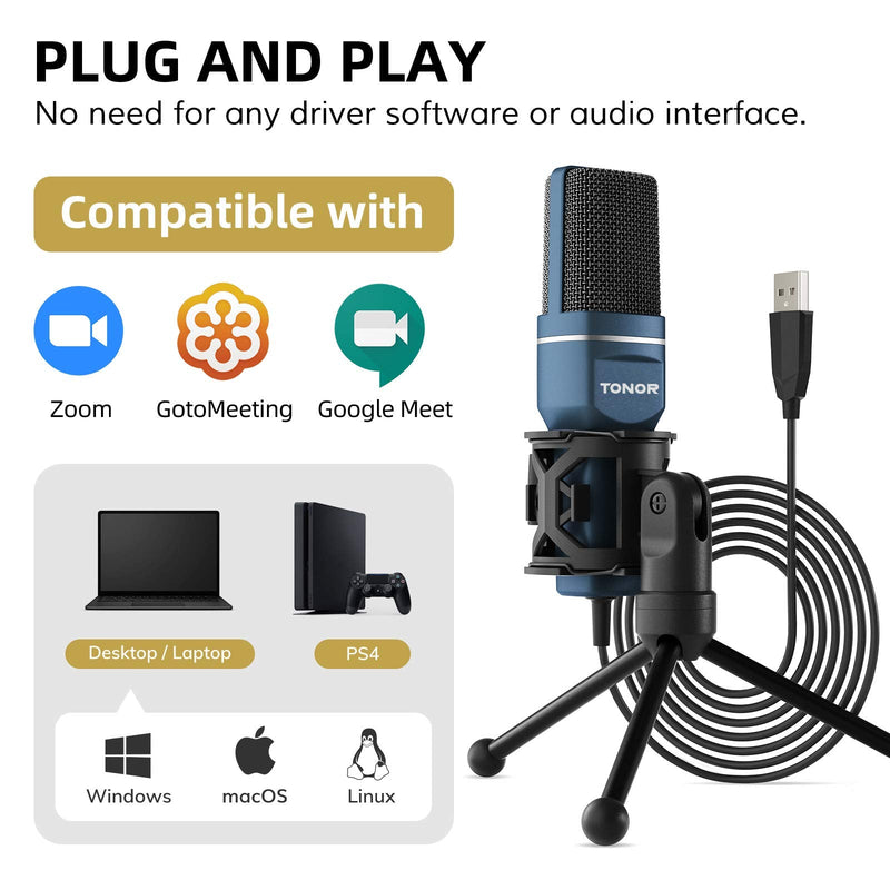 USB Microphone, TONOR Computer Cardioid Condenser PC Gaming Mic with Tripod Stand & Pop Filter for Streaming, Podcasting, Vocal Recording, Compatible with Laptop Desktop Windows Computer, TC-777