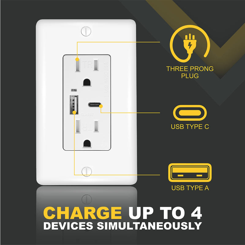 Faith Combination Electrical Outlet and USB Wall Charger | White Wall Outlet with USB Ports (2-Pack) | Power Outlet 15A/125V with 3.6A/5V Type A and C USB Outlets | Fast Charging and Tamper Resistant 2-Pack - White USB Type-C