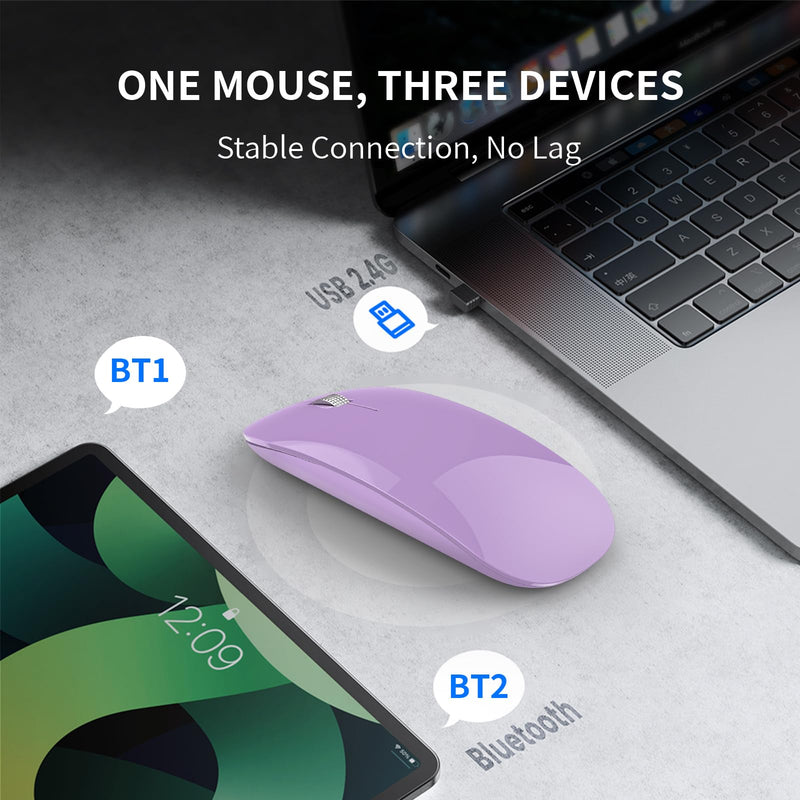 TENMOS M18 Bluetooth Mouse, USB C Rechargeable Wireless Mouse, Triple Mode (Dual Bluetooth+USB) Computer Silent Mice Portable with USB Receiver and Type C Adapter for Laptop/MacBook/iPad/PC - Purple