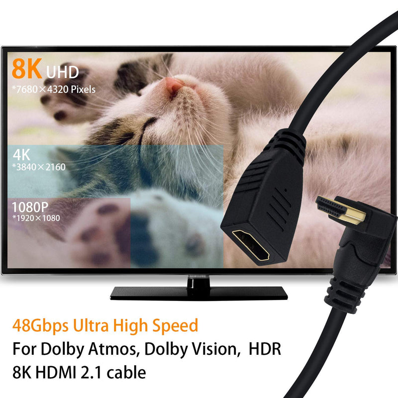 Poyiccot 8K HDMI Extension Cable, HDMI 2.1 Cable 90 Degree Up Angle HDMI Male to Female 8K HDMI 2.1 Cable 48Gbps Ultra High Speed 8K 60Hz, 4K 120Hz, 3D Ultra HDR HDMI Extension Cable, 2feet(M/F Up) Up Angle 8K HDMI 2.1 Cable