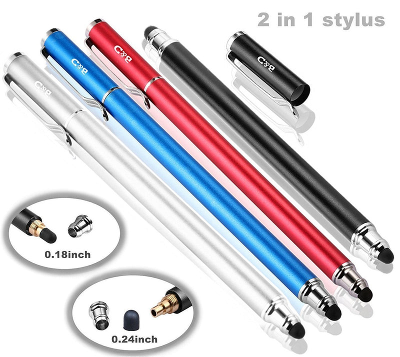 Bargains Depot Capacitive Stylus / Styli 2-in-1 Universal Stylus Pens for All Touch Screen Tablets / Cell Phones with 20 Extra Replaceable Soft Rubber Tips (4 Pieces, Black/Red/Silver/Blue) Black&Red&Silver&Blue