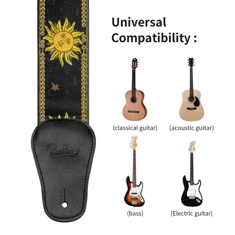 BestSounds Guitar Strap Sun Jacquard Woven Strap With Genuine Leather Ends Guitar Shoulder Strap for Bass, Acoustic,Classical & Electric Guitar (Black)