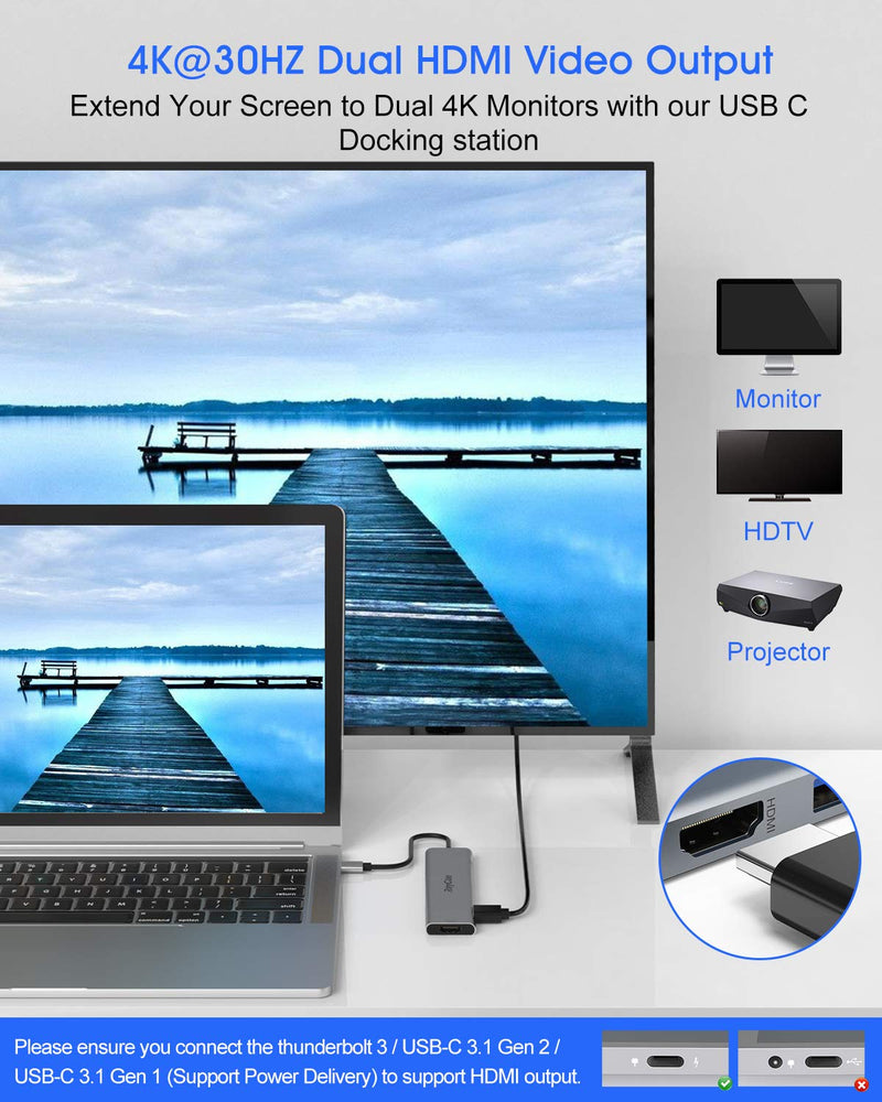 USB C Docking Station Dual Monitor Adapter, USB C to Dual HDMI Adapter, 7 in 1 Type C Adapter Hub Compatible for Thunderbolt 3 MacBook and Windows with Dual HDMI/2 USB 3.0/TF/SD/USB-C (Space Gray) Space Gray