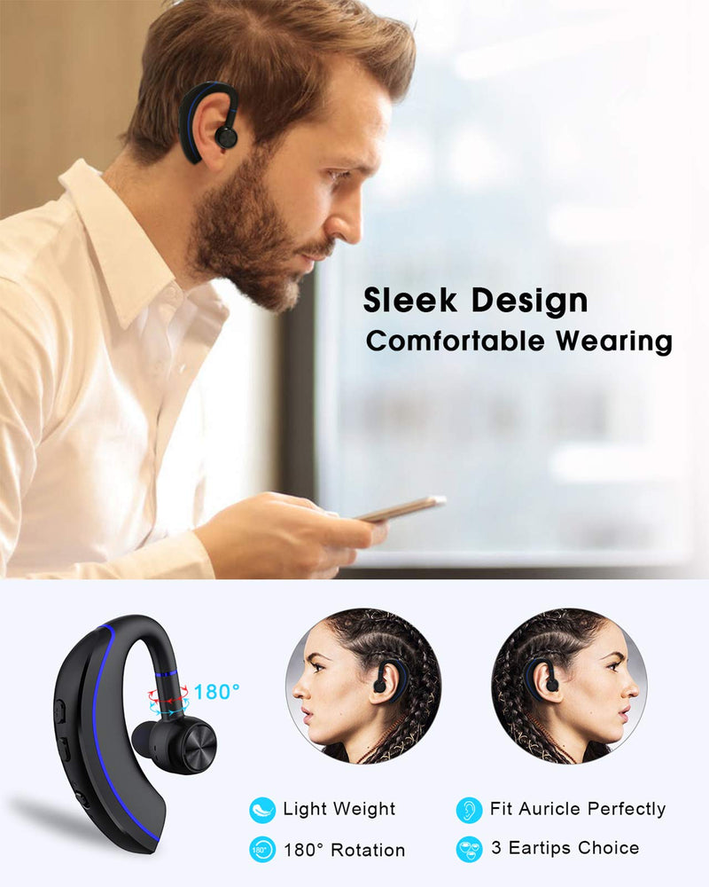 Yamipho Bluetooth Headset, Bluetooth 5.0 Handsfree Earpiece 12h Talking Time with Mic, Business Headphones Wireless Earphones Fits Left/Right in-Ear Driving Earbuds for iPhone Android Laptop (Blue) Blue