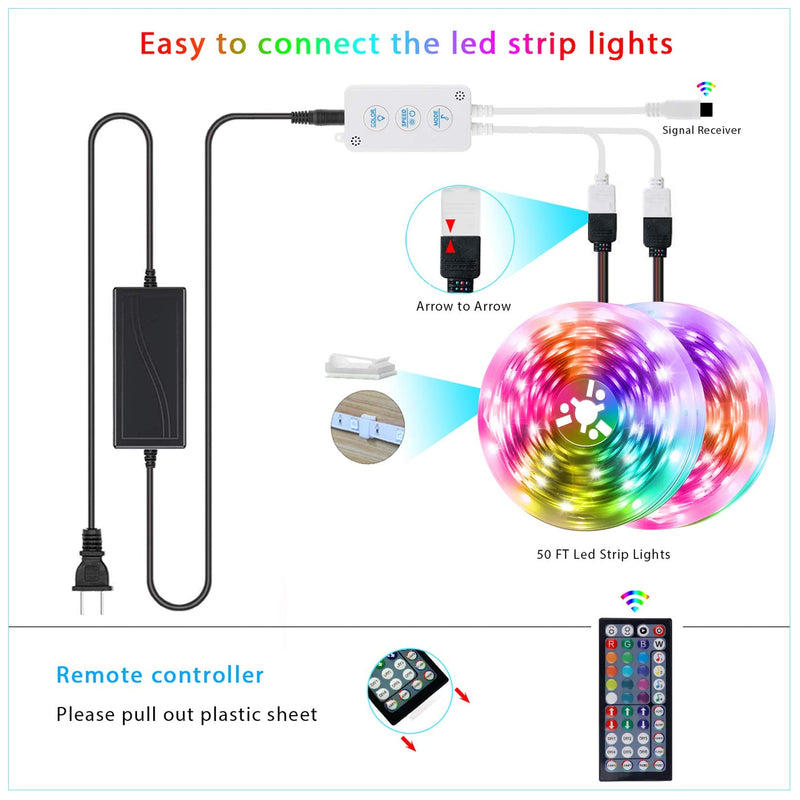 QZYL 50 Feet Led Strip Lights Home,Led Lights for Bedroom,Music Sync Color Changing Flexible Timing Rope Lights,44 Key Remote App Control RGB Tape Light DIY Colors Luces for Bedroom Party Decoration 50 FT