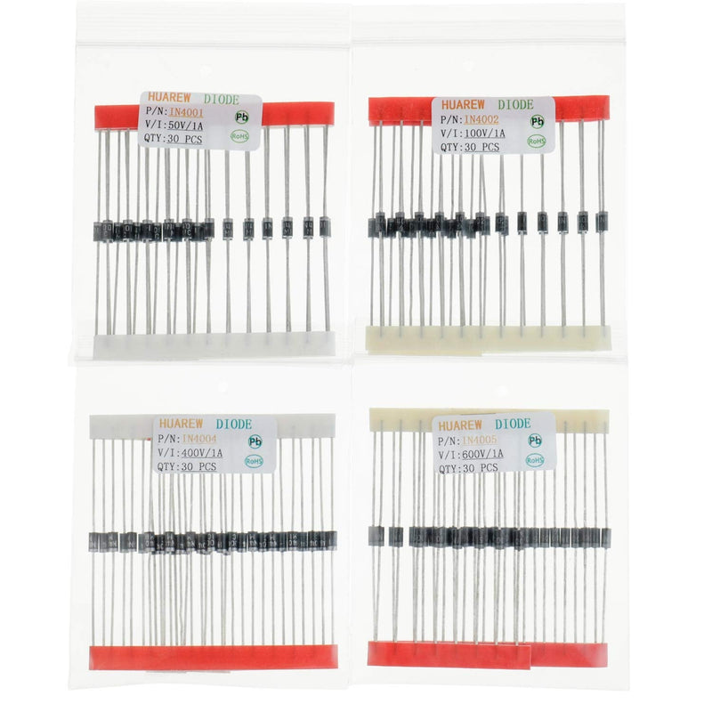 HUAREW 12 Values 300 Pcs Rectifier Diodes 1N4001 1N4002 1N4004 1N4005 1N4007 1N5404 1N5406 1N5408 Schottky Diodes 1N5817 1N5818 1N5819 Switching Diodes 1N4148 Assortment Kit