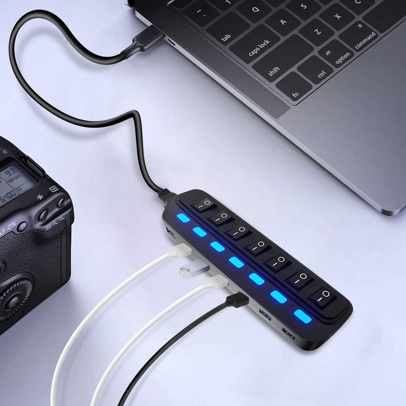 USB Hub 3.0 Splitter,7 Port USB Data Hub with Individual On/Off Switches and Lights for Laptop, PC, Computer, Mobile HDD, Flash Drive and More 7 Port