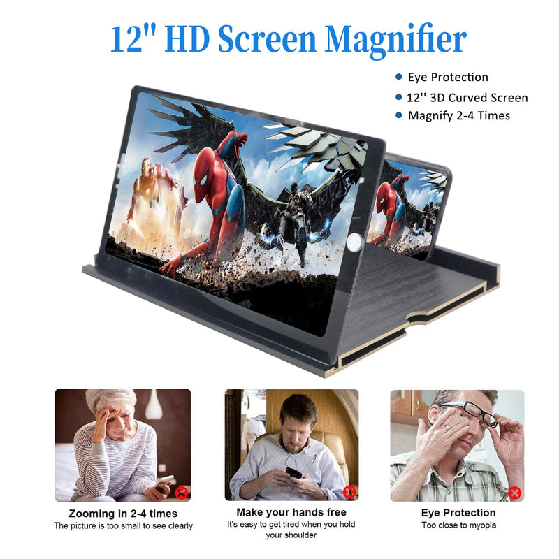 12" Screen Magnifier–3D HD Wooden Cell Phone Magnifing Screen Enlarger Projector for Movies Videos and Gaming,Phone Stand Holder with Screen Amplifier Compatible with All Smartphones (Black) Black