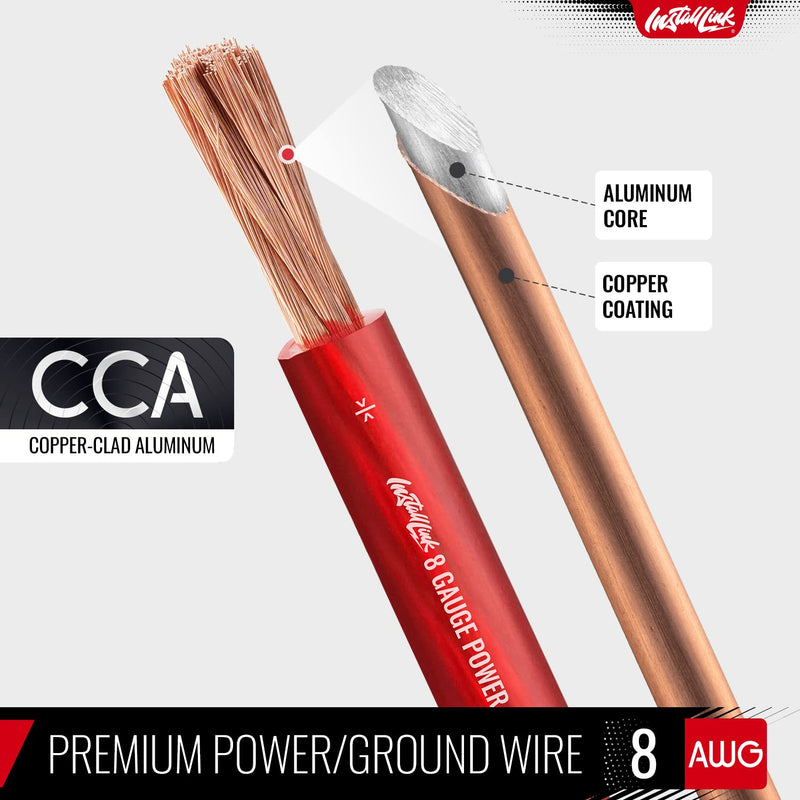 Install Link 8 Gauge Power or Ground Wire Cable, 20ft, CCA Frosted Red