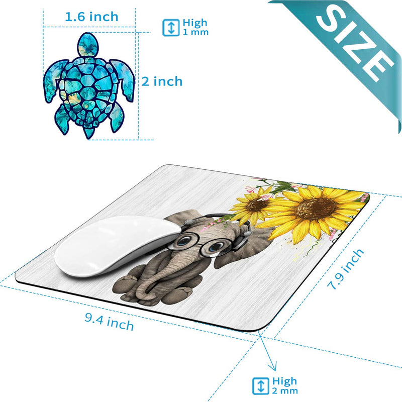 Mouse Pad with Sunflower Elephants Gaming Mouse Pads for Laptop Computers Non-Slip Rubber Base Mousepads for Office Home, Rectangle Cute Mouse Mats and Sea Turtles Stickers Small