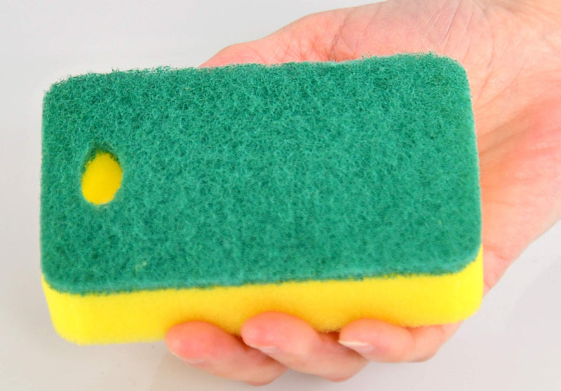 HOME-X Kitchen Sponge and Holder Set, Cleaning Sponges with Scrub Pads, Sponge Drying Hook, Pack of 6, Sponge: 4 ½" L x 2 ½" W x 1 1/8" H, Green/Yellow