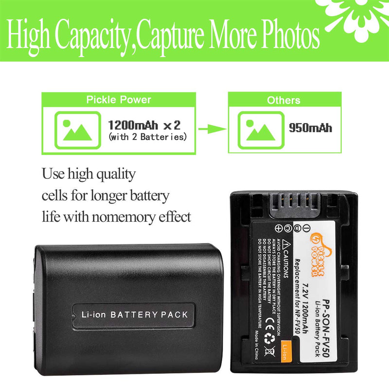 NP-FV50, Pickle Power 2 Pack Battery and Charger Set Compatible with Sony NP-FV30,NP-FV40,NP-FV50, FDR-AX53 HDR-CX230 HDR-CX220 CX330 CX380 CX455 CX900 CX290 CX430V PJ200 TD30V Camcorder and More