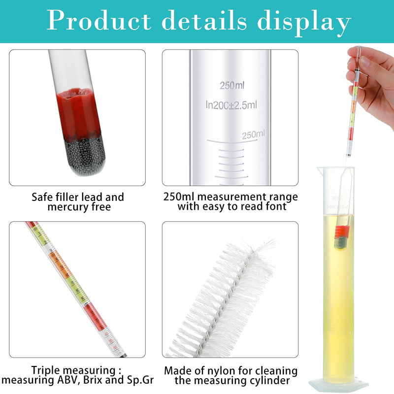 4 Pieces Scale Hydrometer and Test Jar Combo Include 2 Scale Hydrometer with Storage Bag and 250 ml Plastic Cylinder with Cleaning Brush for Wine Beer Mead