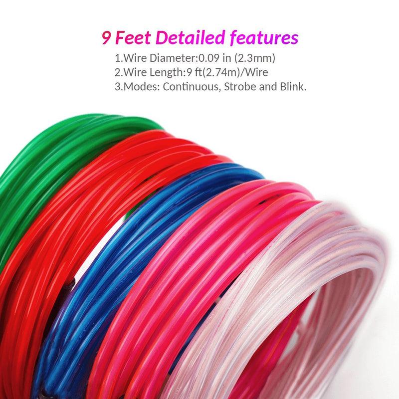 [AUSTRALIA] - EL Wire Kit 9ft, Portable Neon Lights for Parties, Halloween, DIY Decoration (5 Pack, Each of 9ft, Red, Green, Pink, Blue, White) 