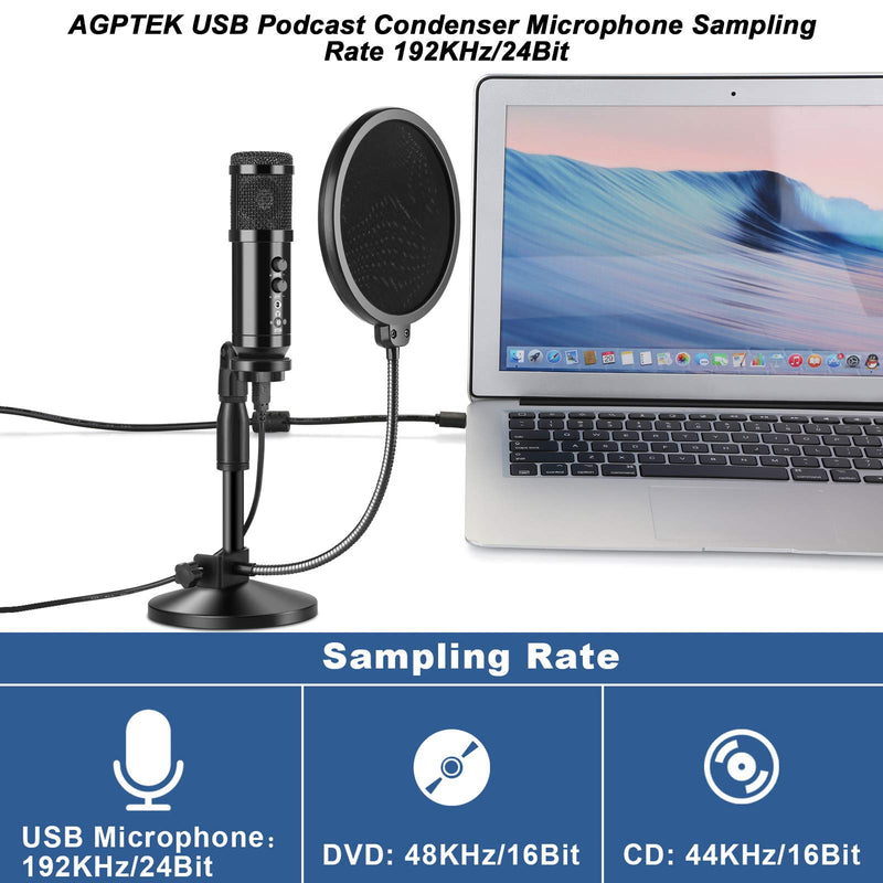 USB Microphone, AGPtEK USB Microphone Kit 192KHz/24Bit USB Condenser Podcast Streaming Microphone with Table Mic Stand, Pop Filter and Wind Foam for Skype, YouTube, Gaming, Karaoke and PC