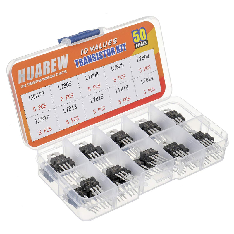 HUAREW 10 Values 50 Pcs Positive Fixed Voltage Regulator LM317T L7805 L7806 L7808 L7809 L7810 L7812 L7815 L7818 L7824 TO-220 Package IC Assortment Kit