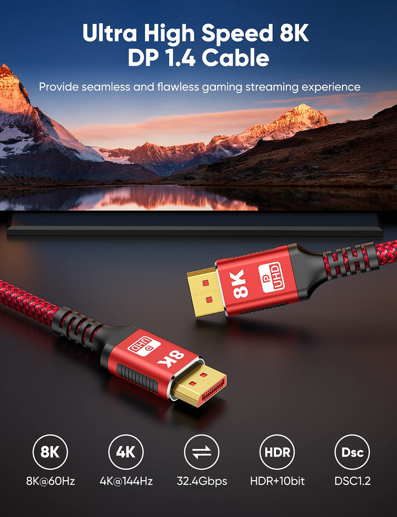 8K DisplayPort Cable 1.4 6.6FT, Snowkids Display Port Cable 144hz【VESA Certified】,Ultra High Speed 32.4Gbps,DP Cable 8K@60hz, 2K@165hz, HDR, HBR3 Display Port Cord for Laptop/PC/TV/Gaming Monitor 6.6feet