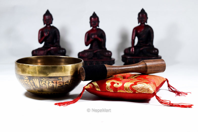 Tibetan Singing Bowl Set with Mallet & Silk Cushion Om Mani Padme Hum Etching For Meditation, Chakra Healing, Prayer,Yoga, and Mindfulness (5 Inch, Original)