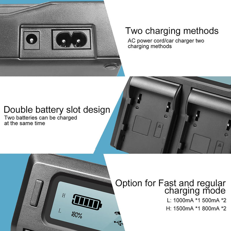 BM Premium 2 NP-F970 NP-F960 NP-F975 NP-F570 Batteries and Dual Bay LCD Battery Charger for Sony PXW-Z150, Z190, Z280, NEX-EA50M, FDR-AX14K, CN160 FW568 F100 F200 FW700 and Other LED Video Light