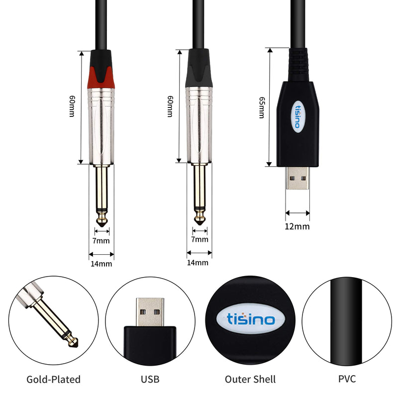 TISINO USB to Dual 1/4" TS Stereo Y-Splitter Cable, USB to 6.35mm Left and Right Channels Stereo Breakout Cord - 6.6 FT/ 2 Meters 6.6 feet USB to 1/4