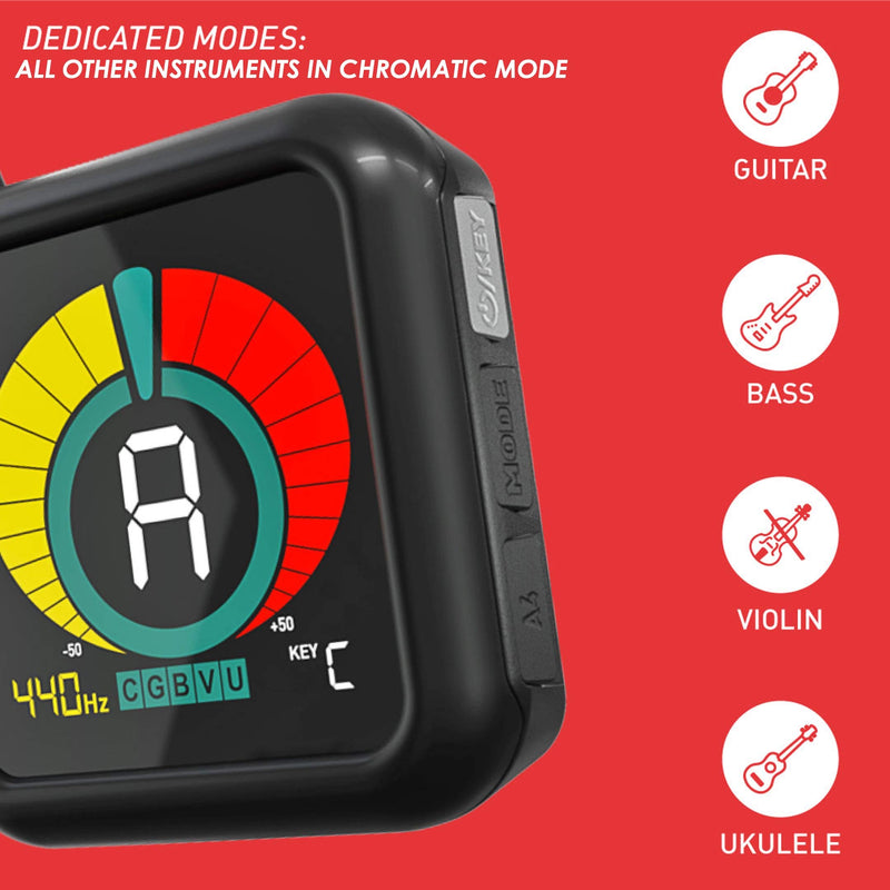 KLIQ UberTuner - Professional Clip-On Tuner for All Instruments (multi-key modes) - with Guitar, Ukulele, Violin, Bass & Chromatic Tuning Modes