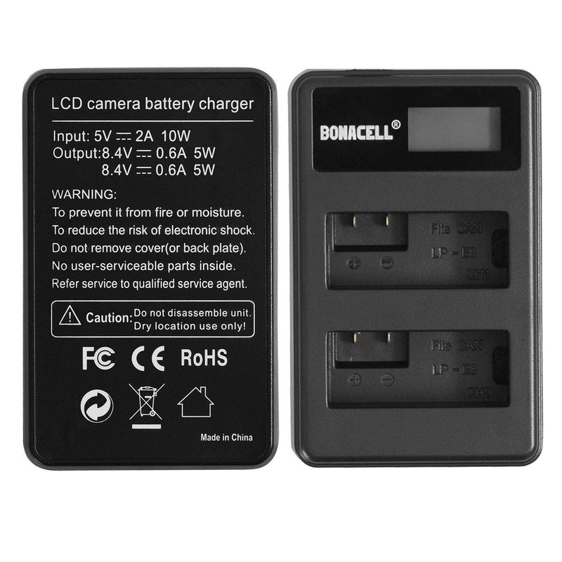 Bonacell LP-E8 Battery and LCD Dual Charger Comaptible with Canon EOS Rebel T5i, T4i, T3i, T2i, EOS 550D, 600D, 650D, 700D, Kiss X5, X4, X6i, X7i Digital Cameras 2 Pack