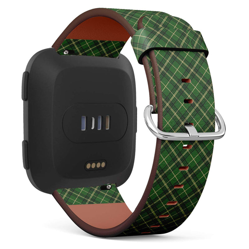 Compatible with Fitbit Versa, Versa 2, Versa Lite, Leather Replacement Bracelet Strap Wristband with Quick Release Pins // Green Check Plaid Tartan
