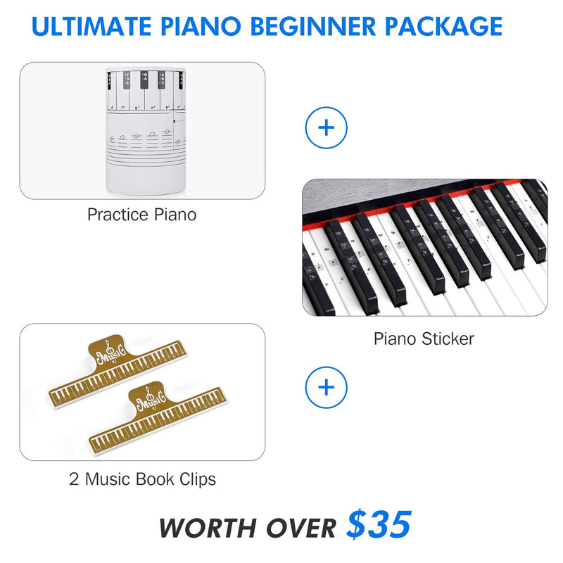 Ultimate Piano Keyboard Learning Aid Set - 1:1 Scale 88 Keys Practice Cardboard Piano Note Chart Guide, Transparent Piano Stickers for 54/61 / 88 Key Keyboards, 2 Music Book Clip