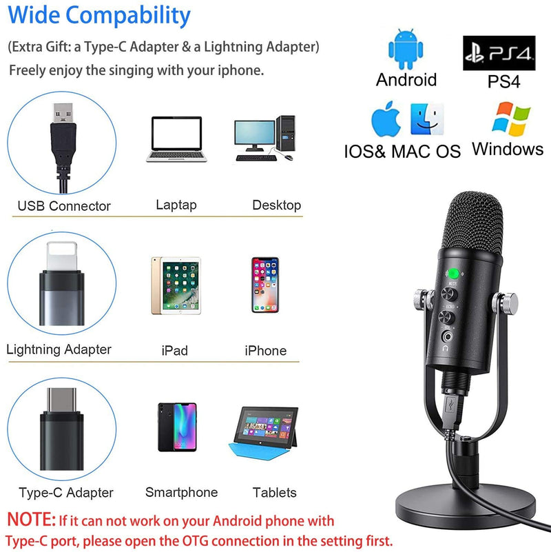 Mercase USB Condenser Microphone for PC/Micro/Mac/iOS/Android with Noise Cancellation and Reverb for Voice and Music Recording, Podcasting, Streaming, Gaming