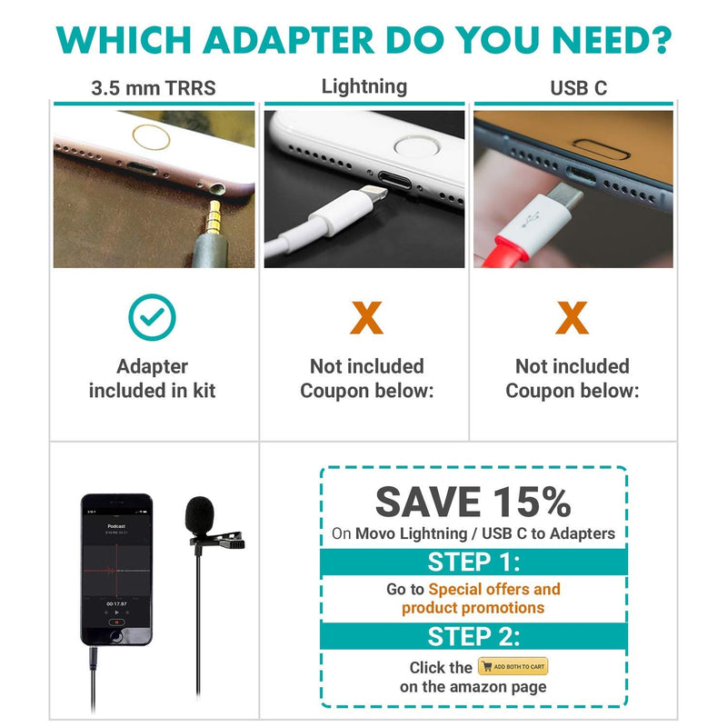 Movo PM10 Lavalier Microphone and Lapel Microphone for iPhone, iPad, Android, and Other Smartphones - Easy Clip on Microphone Perfect for Recording a Podcast, Vlog, Interview, YouTube