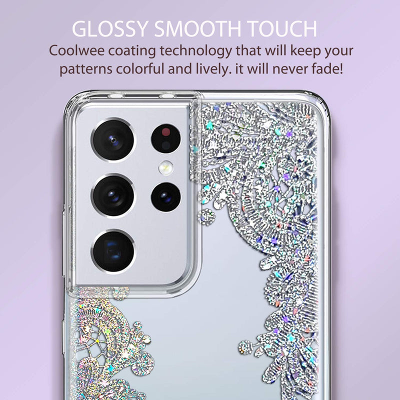 Coolwee Clear Glitter for Galaxy S21 Ultra Case Thin Flower Slim Cute Crystal Lace Bling Women Girl Floral Plastic Hard Back Soft TPU Bumper Protective Cover for Samsung Galaxy S21 Ultra Mandala Henna