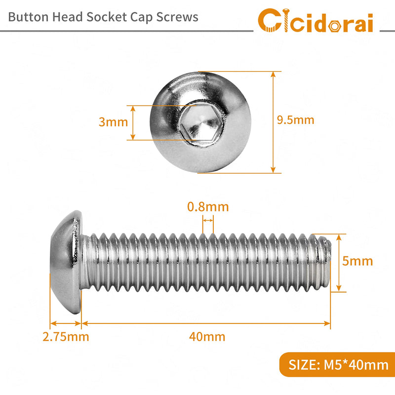 Cicidorai M5-0.8 x 40mm Button Head Socket Cap Bolts Screws, 304 Stainless Steel 18-8, Allen Socket Drive, Full Machine Threads, Quantity 25 M5 x 40mm(25 PCS)