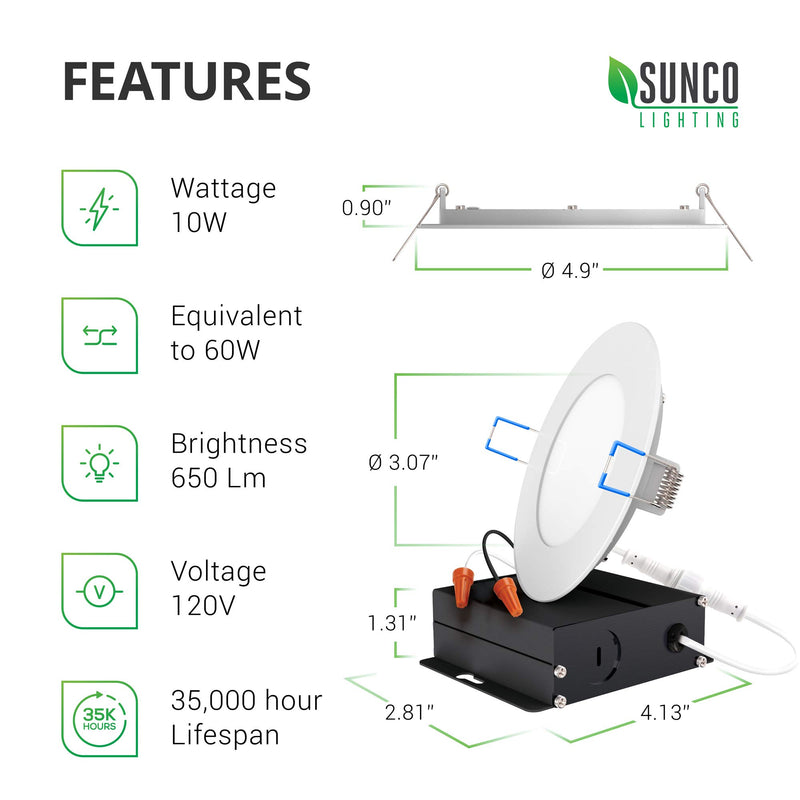 Sunco Lighting 4 Inch Slim LED Downlight with Junction Box,10W=60W, 650 LM, Dimmable, 5000K Daylight, Recessed Jbox Fixture, Simple Retrofit Installation - ETL & Energy Star 1 Pack