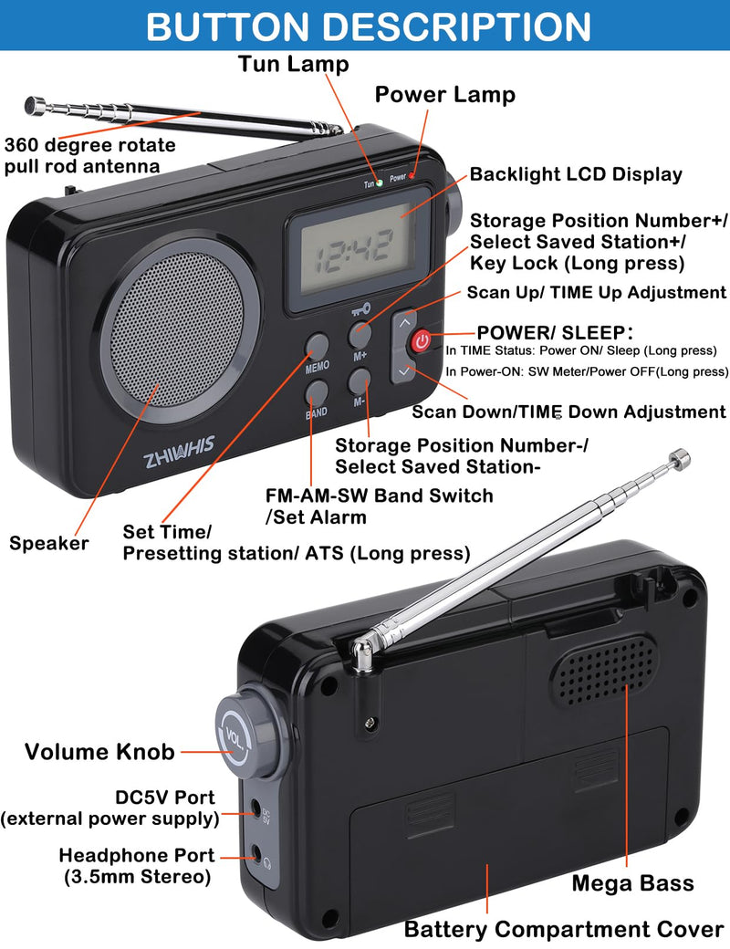 [AUSTRALIA] - ZHIWHIS Portable Radio, AM FM Shortwave Digital Tuner with Best Reception, Battery Operated Clock Radios with Sleep Timer and Preset Function, Stereo Receiver with Alarm Clock for Home ZWS-8801 Black 