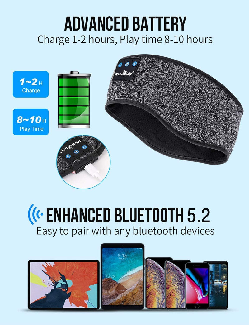 MUSICOZY Sleep Headphones Bluetooth Headband, Wireless Music Sleeping Headphones Sleep Mask Earbuds IPX6 Waterproof for Side Sleepers Workout Running Insomnia Travel Yoga Cool Tech Gadgets Unique Gift 00-Grey
