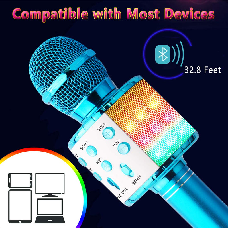 UECOO Bluetooth Karaoke Wireless Microphone 4-in-1 Portable Handheld Karaoke Mic Speaker Machine Christmas Birthday Party for Kids Adults Compatible PC and All Smartphone (Blue) Blue