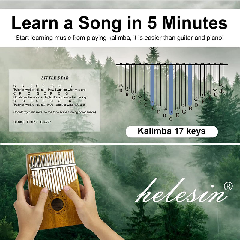 Kalimba 17 Key, Thumb Piano Marimba - Solid Finger Piano Musical Instrument with Hammer (KOA+Bag)