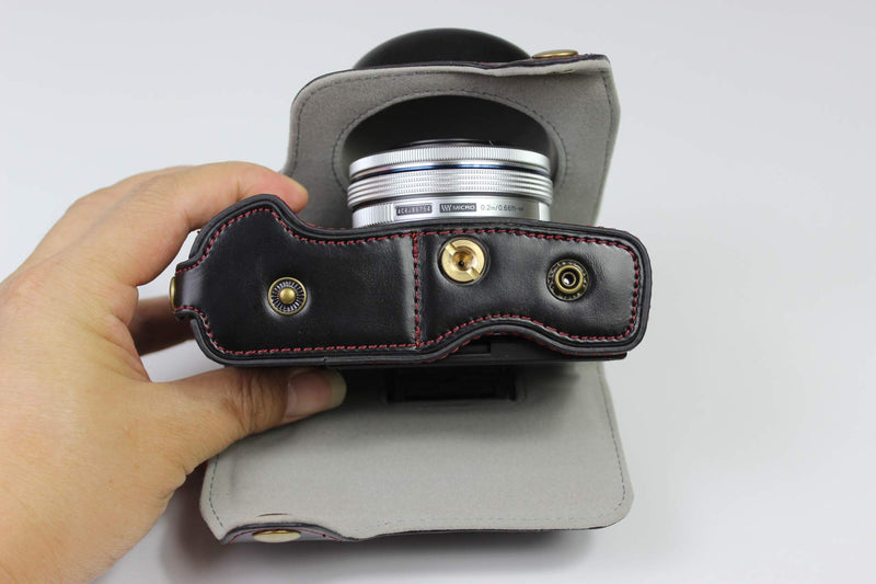 E-M10 Mark IV Case, BolinUS Handmade PU Leather Fullbody Camera Case Bag Cover for Olympus OM-D E-M10 Mark IV with 14-42mm EZ Lens Bottom Opening Version + Neck Strap + Mini Storage Bag (Black) Black