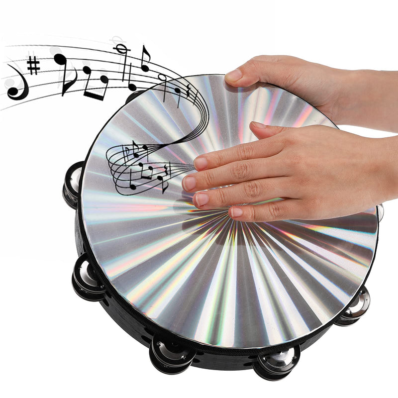 YOUEON 2 Pack Radiant Tambourine with Double Row Jingles, 8 Inch /10 Inch Wood Handbell Music Reflective Drum, Hand Drum Percussion Instrument for Christian Dance, Tambourine for Dance